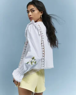 White Daisy Floral Embroidered Frill Blouse