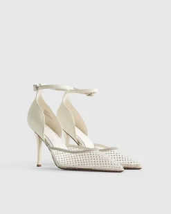 White Embellished Mesh Court Heels