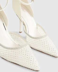 White Embellished Mesh Court Heels