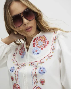 White Embroidered Long Sleeve Blouse