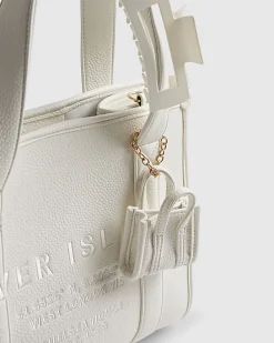 White Faux Leather Embroidered Tote Bag