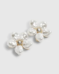 White Faux Pearl Flower Stud Earrings