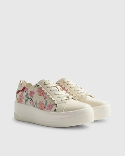 White Floral Print Platform Trainers