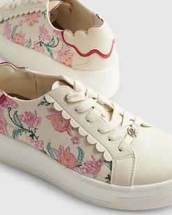 White Floral Print Platform Trainers