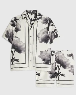 White Floral Print Shirt & Short Set