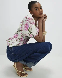 White Floral Puff Sleeve Shirred Top