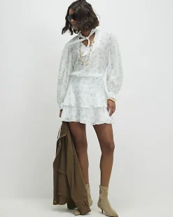 White Floral Pussybow Blouse