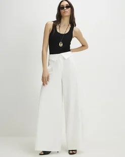 White Foldover Waistband Wide Leg Trousers
