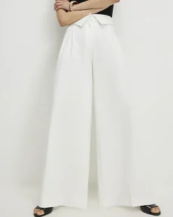 White Foldover Waistband Wide Leg Trousers