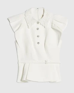 White Frill Sleeve Diamante Peplum Top