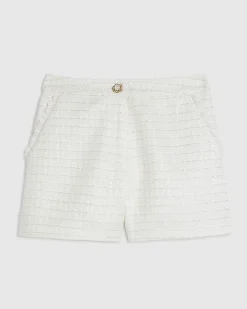 White Fringe Hem Boucle Shorts