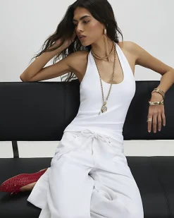 White Halter Neck Tank Top