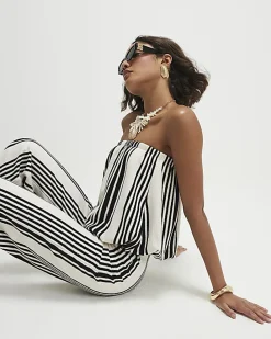 White Jersey Striped Bubble Hem Bandeau Top