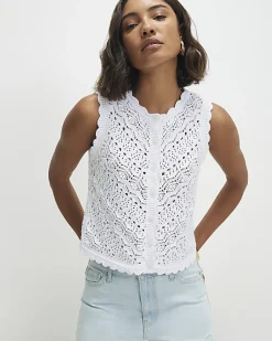 White Knit Scallop Trim Top