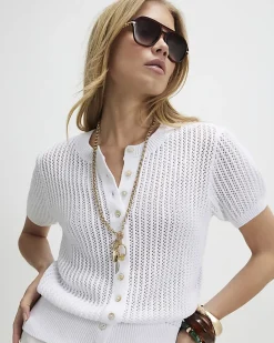 White Knitted Button Through T-Shirt