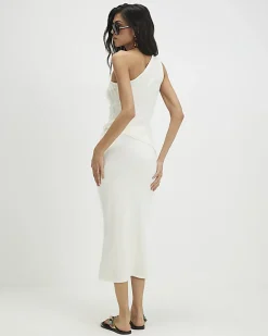 White Knitted Fringed Midi Skirt