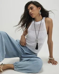 White Knitted Pointelle Sequin Vest Top