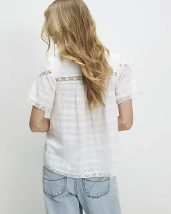 White Lace Detail Short Sleeve Blouse