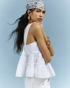 White Lace Pearl Detail Smock Cami Top
