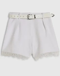 White Lace Trim Stud Belt Shorts