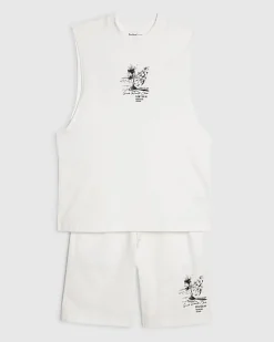 White Landscape Tank Top And Shorts Set