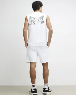 White Landscape Tank Top And Shorts Set