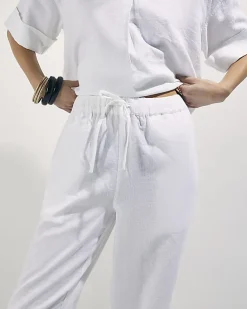 White Linen Blend Drawstring Tapered Trousers