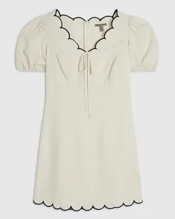 White Linen Blend Scallop Trim Mini Dress