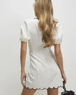 White Linen Blend Scallop Trim Mini Dress