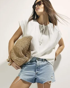 White Linen Blend Tie Neck Top