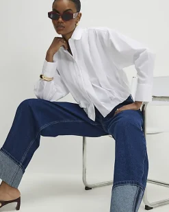 White Long Sleeve Bubble Hem Poplin Shirt