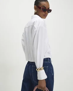 White Long Sleeve Bubble Hem Poplin Shirt
