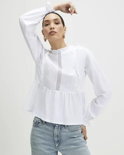 White Long Sleeve Frill Trim Smock Jersey Top