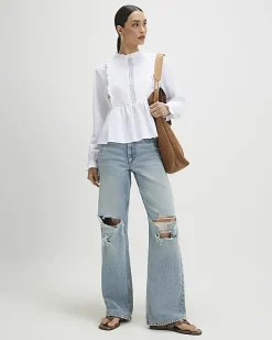 White Long Sleeve Frill Trim Smock Jersey Top