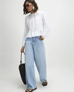 White Long Sleeve Jersey Floral Broderie Top