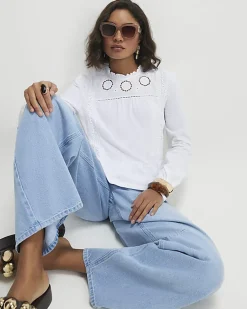 White Long Sleeve Jersey Floral Broderie Top