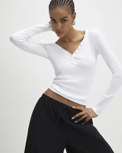 White Long Sleeve Popper Ribbed Top
