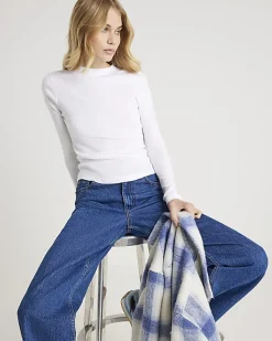 White Long Sleeve Ribbed Crew Neck Top