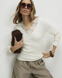 White Long Sleeve Ribbed Lace Trim Top