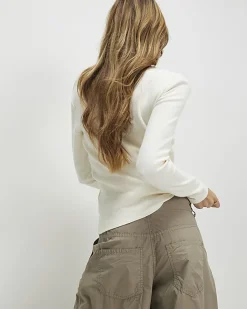 White Long Sleeve Ribbed Lace Trim Top