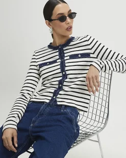 White Long Sleeve Striped Denim Mix Cardigan
