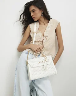 White Medium Woven Charm Tote Bag