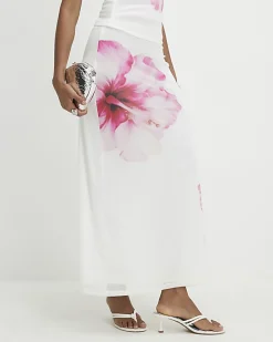 White Mesh Floral Print Maxi Skirt