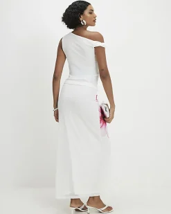 White Mesh Floral Print Maxi Skirt