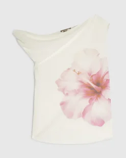 White Mesh Floral Print Top