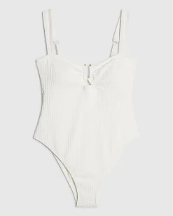 White Metal Trim Textured Swimsuit