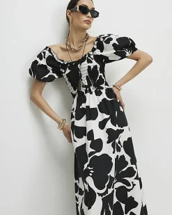White Monochrome Floral Shirred Midi dress