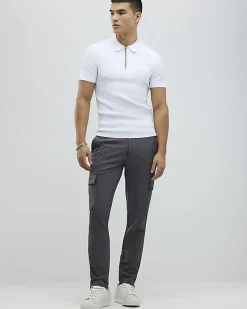 White Muscle Fit Stretch Rib Knit Polo Shirt