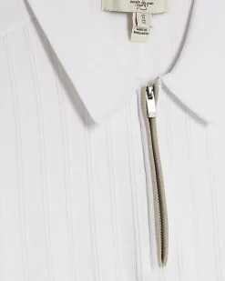 White Muscle Fit Stretch Rib Knit Polo Shirt