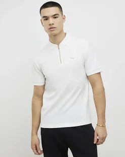 White Muscle Fit Textured Zip Polo Shirt